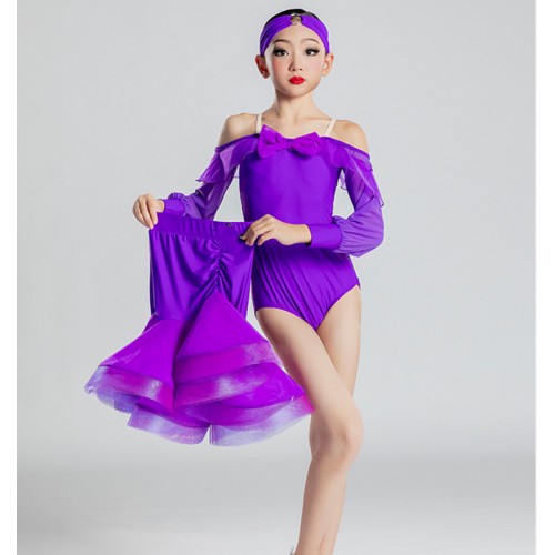 Turquoise violet competition latin dance dresses for girls kids fashion boat neck latin performance costumes for children